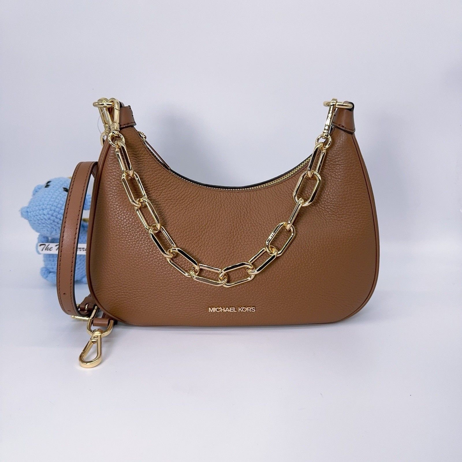 Michael Kors Cora Lg Zip Pouchette Luggage Brown Gold Chain Pebbled Leather Bag